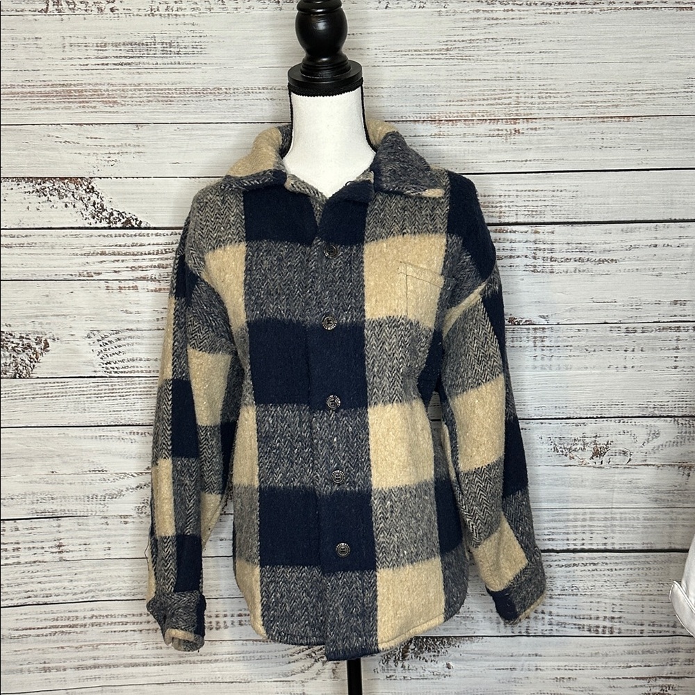 Navy and Cream Plaid Button-Up Jacket